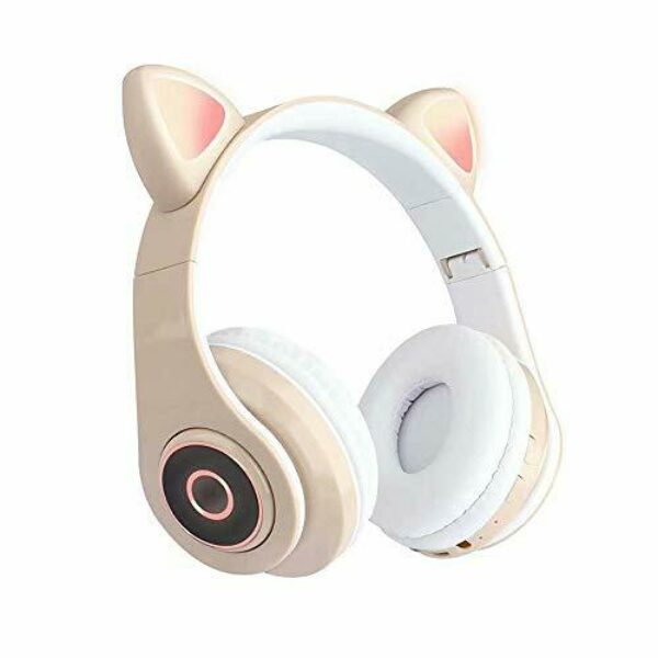 B39 Cute Cat Ear Headset Wireless BT5.0 Foldable Gaming Headphone with Flash RGB lights Earphone TF Card Play/Wired Mode Khaki