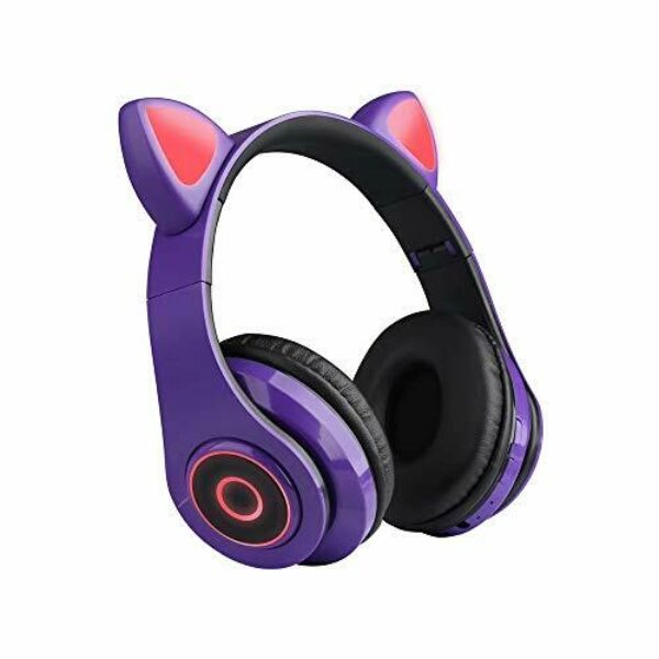 B39 Cute Cat Ear Headset Wireless BT5.0 Foldable Gaming Headphone with Flash RGB lights Earphone TF Card Play/Wired Mode Purple