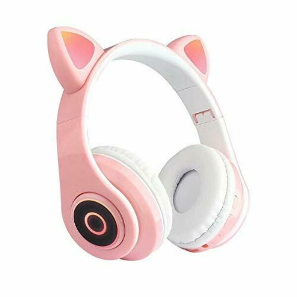 B39 Cute Cat Ear Headset Wireless BT5.0 Foldable Gaming Headphone with Flash RGB lights Earphone TF Card Play/Wired Mode Pink