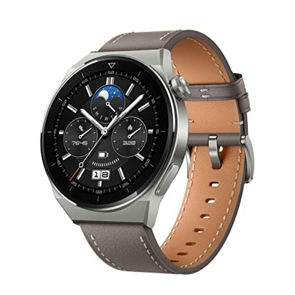 HUAWEI WATCH GT 3 Pro Smartwatch, 46mm, Free-diving Mode, Durable Battery Life, Wireless Fast Charging, Heart Rate & Blood Oxygen Monitoring, Bluetooth calls, Light Titanium Caes, Gray Leather Strap