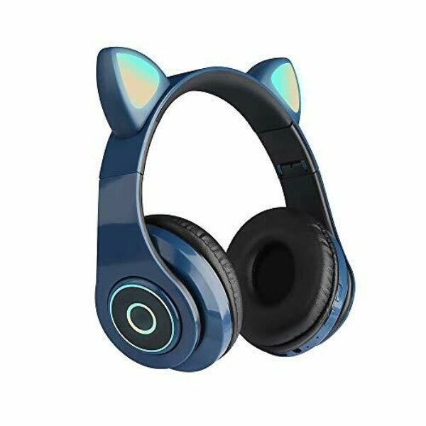 B39 Cute Cat Ear Headset Wireless BT5.0 Foldable Gaming Headphone with Flash RGB lights Earphone TF Card Play/Wired Mode Blue