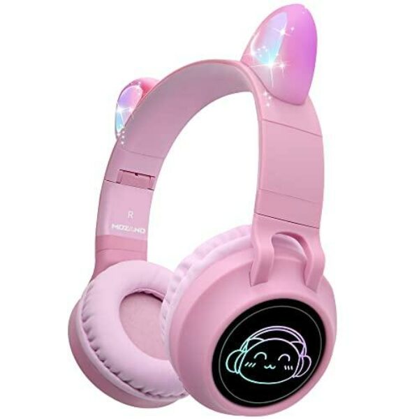 Kids Wireless Bluetooth Headphones with Microphone, Colorful LED Cat Ear Headphones with 85dB Volume Limited & Soft Foldable Noise Cancelling Headphones for Kids/Adults/iPad/Laptop/PC (Pink)