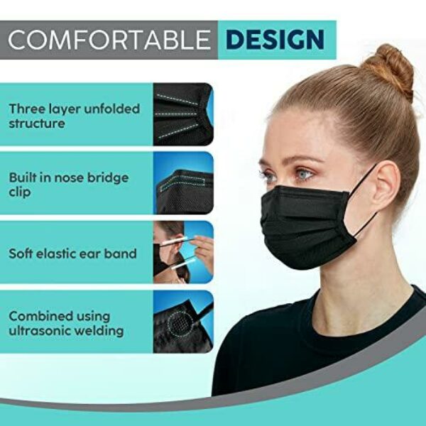 Black Disposable Face Masks - 50 PCS Black Face Masks for Men & Women - 3 Layers Protection - Comfortable/Adjustable/Breathable Black Mask