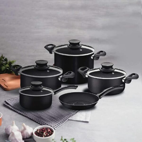 Tramontina Paris 9 Pieces Cookware Set Nonstick Starflon Excellent Coating 5 Times More Resistant Kitchen Cooking Pots And Pans, Casserole Set Glass Lids, Black, 28599052, Paris Plus