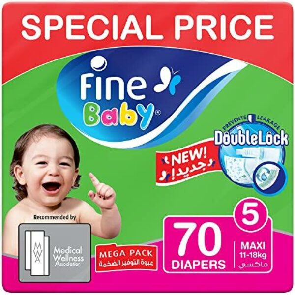 Fine Guard Baby Diapers, Doublelock Technology , Size 5, Maxi 1118Kg, Mega Pack. 70 Diaper Count, White